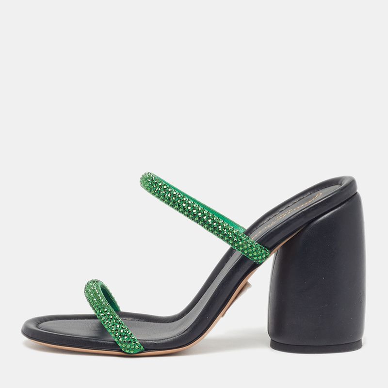 Gianvito Rossi Eline Size 40 Green Suede Crystal Embellished Block Heel Slide